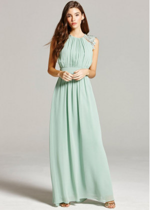 Sage Chiffon Lace Cap Sleeves Long Prom Dress 